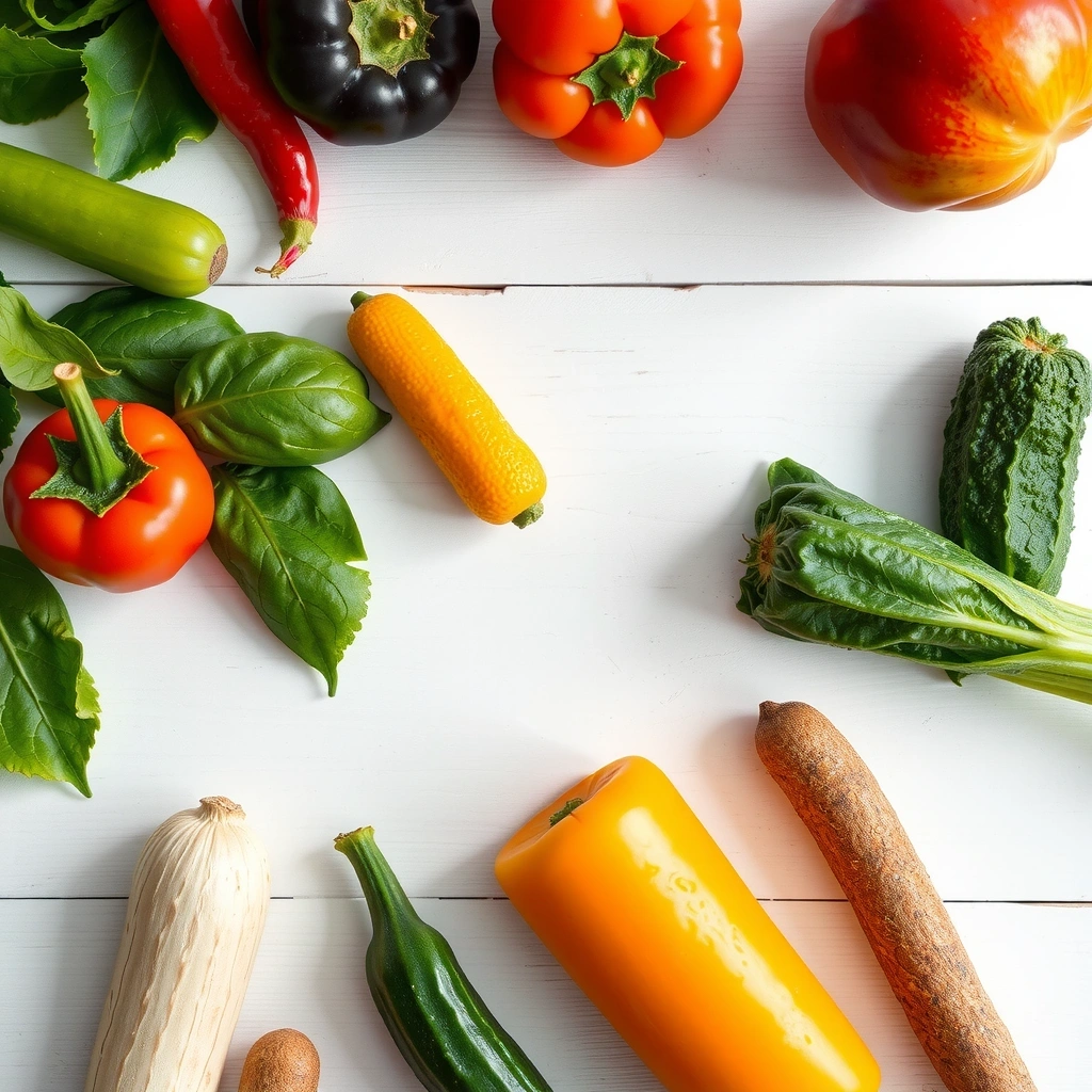 Fundal cu legume proaspete pe un suport din lemn natural